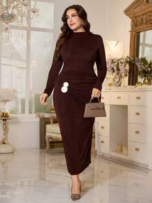 Modelyn Women's Ruched Long Sleeve Elegant Plus Size Dress - Brown - View 5