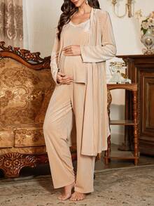 Moonlight&Mama Conjunto de pijama de maternidade casual de outono/inverno com 3 peças: regata de veludo com renda e decote em V, calça e roupão. - Champagne - Ver 3