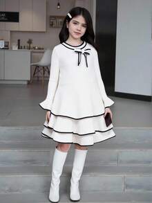 SHEIN 1pc Girls Contrast Color Collar Detachable Bow Long Sleeve Flare Cuff 3-Tier Casual Dress, Autumn - Apricot - View 1
