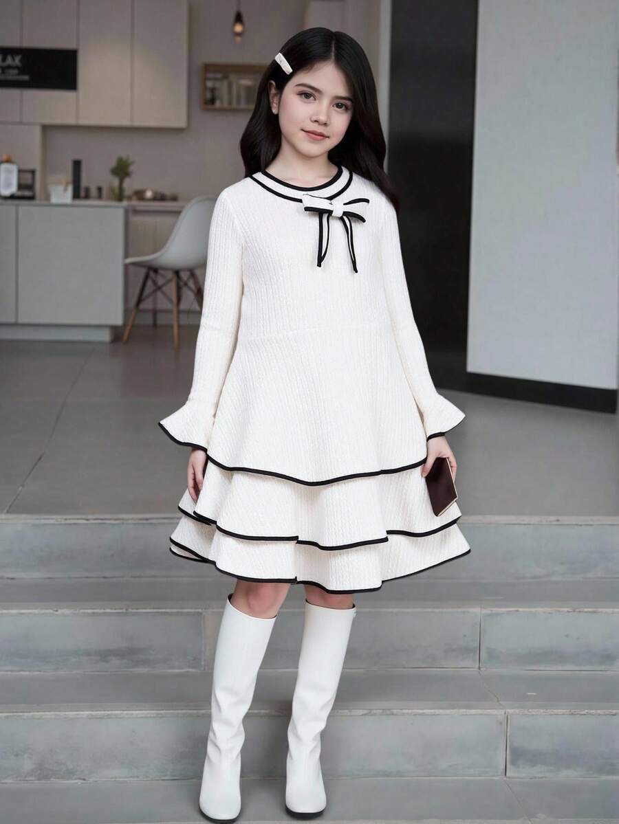 SHEIN 1pc Girls Contrast Color Collar Detachable Bow Long Sleeve Flare Cuff 3-Tier Casual Dress, Autumn - Apricot - View 1