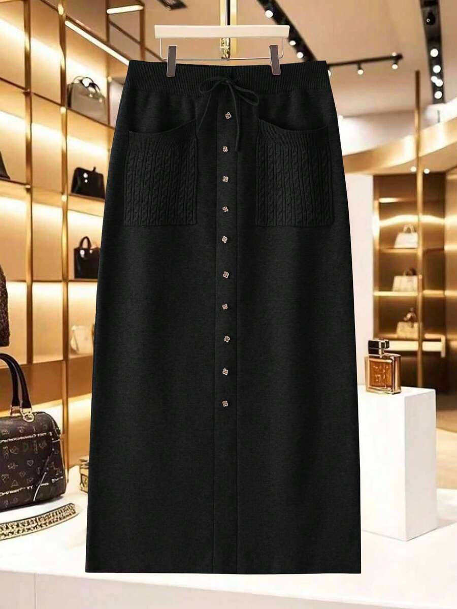 SHEIN Lacomfia Váy len thanh lịch dành cho nữ đính đá, sequin và trang trí túi, thời trang - màu đen - Xem 1