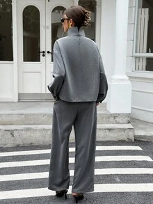 Siren Gaze Women's Solid Color High Neck Dropped Shoulder Long Sleeve Loose Fashion Top & Pleated Pants 2-Piece Set - Grey - View 4