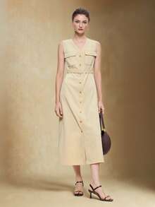 BizChic 2026 Spring/Summer New Khaki Front Button Sleeveless Dress, Vintage Inspired Modern Elegant Office Wear - Khaki - View 4