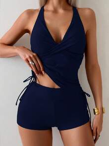 SHEIN Swim Bộ đồ bơi Tankini nữ 2 mảnh cúp xoắn chéo lưng buộc dây bên hông - Màu xanh hải quân - Xem 5
