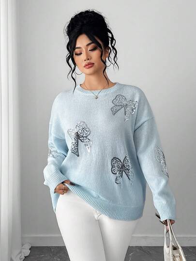 Elenzga Plus Size Elegant Round Neck Bow Sequin Embellished Long Sleeve Pullover Sweater