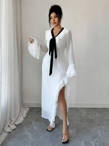 Modelyn Women's V-Neck Ruffle Trim Contrast Color Bell Sleeve Dress - Black and White - View 5