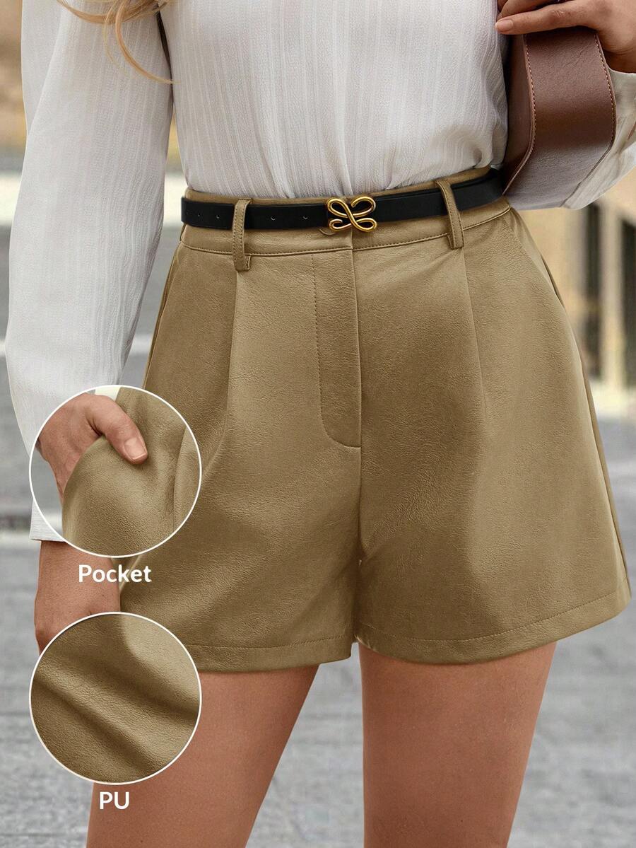 SHEIN Clasi Short plissé casual ample avec poches pour femmes, couleur unie - Tabac - Voir 1