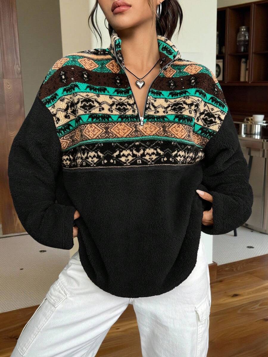 SHEIN EZwear 秋冬女式动物几何印花落肩羊毛衫、长袖上衣