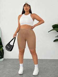 SHEIN EZwear 卡其色高腰松紧腰大码女式紧身休闲短裤 - 卡其色 - 查看 6
