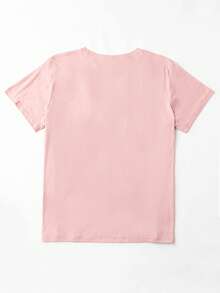 SHEIN Áo thun nữ cổ tròn tay ngắn in họa tiết trái tim thường ngày cho mùa hè năm mới Quần áo áo thun họa tiết cho nữ - Hồng - Xem 2