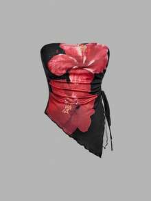 MOD Top bustier con pliegues en la cintura atada a los lados, top tubo con estampado retro, top de otoño, top para salir, top de tirantes marrón - Rosa coral - Ver 10