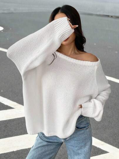 SHEIN EZwear 纯色不对称领休闲百搭长袖套头毛衣，露肩设计，适合秋冬季穿着