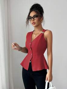 SHEIN Elenzya 新款时尚金属扣V领无袖上衣，收腰设计，百搭女士夏季款 - 紅色 - 查看 3
