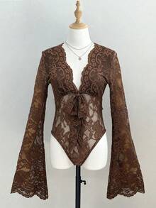 GlowEve Solid Color Deep V-Neck Lace Patchwork Sheer Sexy Long Sleeve Bodysuit - Brown - View 3