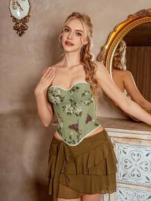Myrelith 1pc Women's French Style Printed Bandeau Crop Top - Green - View 5