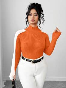 Elenzga Plus Size Slim Fit Colorblock Turtleneck Long Sleeve Sweater - Orange - View 4