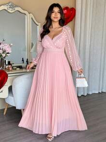 Vionelle Váy xếp ly tay bồng thêu hoa 3D, cổ bẻ, màu tương phản, phong cách cung điện công chúa thanh lịch, dài chấm đất, cỡ lớn dành cho nữ - Hồng - Xem 8