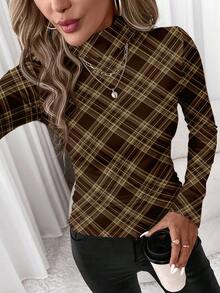 SHEIN Clasi 女士休闲格子印花高领打底衫 - 彩色 - 查看 3