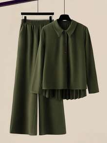 GlowEve 女士新款秋冬优雅休闲舒适长袖衬衫，后背褶裥纽扣前襟设计，搭配松紧腰直筒裤，适合工作场合，绿色/深绿色两件套 - 墨綠色 - 查看 2