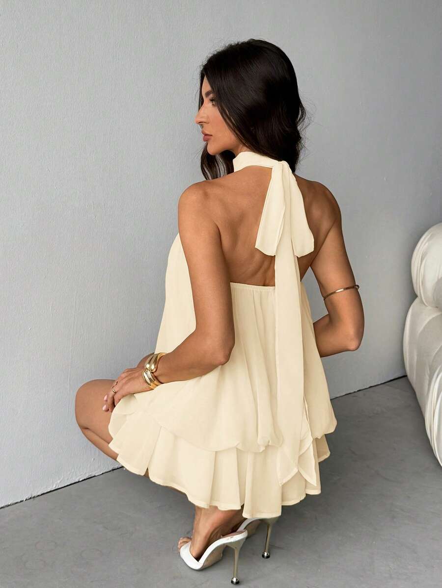 SHEIN Tall 女士优雅浅黄色吊带系带迷你连衣裙，适合派对、约会、秋冬季、春夏季穿着 - 杏色 - 查看 1