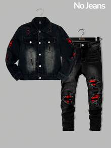 SHEIN Bolty Tween Boy Fashion Casual Y2k Vintage Cool Street Basic And Cut Out Ripped Frayedsimple Black Denim With Holes And Red Patchwork Christmas Elements Loose Long-Sleeved Denim Jacket For Kids Clothes Tween Boy Dailywear And Kids Winter And Fall Rave Outfits Festival And Outfits Streetwear Clothes Kids Jeans Jacket Jacket For Kids Boy - Black - View 1