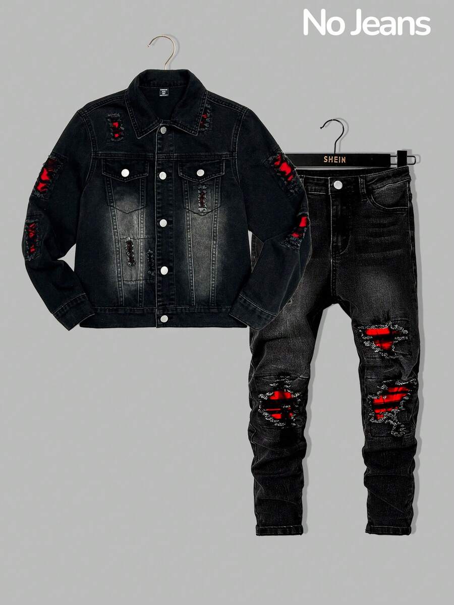 SHEIN Bolty Tween Boy Fashion Casual Y2k Vintage Cool Street Basic And Cut Out Ripped Frayedsimple Black Denim With Holes And Red Patchwork Christmas Elements Loose Long-Sleeved Denim Jacket For Kids Clothes Tween Boy Dailywear And Kids Winter And Fall Rave Outfits Festival And Outfits Streetwear Clothes Kids Jeans Jacket Jacket For Kids Boy - Black - View 1