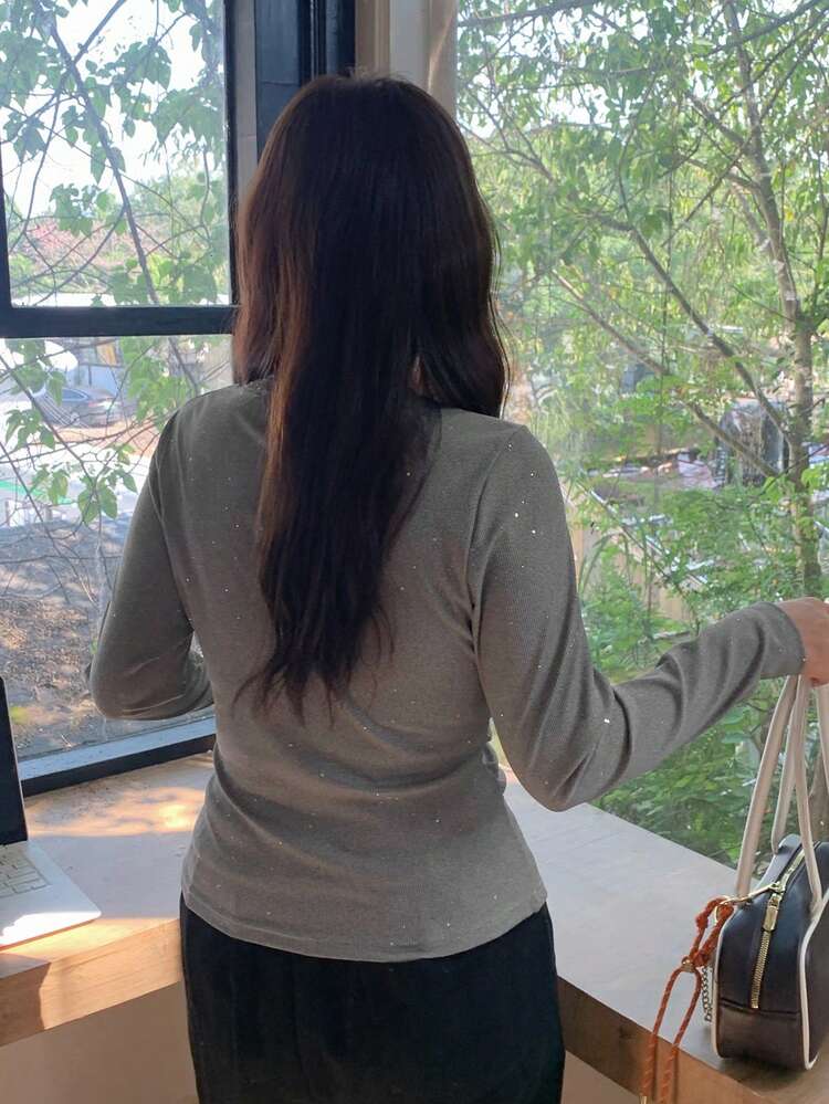 Dazy Plus T-shirt à manches longues col rond élastique imprimé cœur et lettres, décontracté, printemps/automne