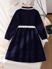 少女撞色长袖毛衣连衣裙 少女藏蓝色翻领连衣裙 少女藏蓝色长袖连衣裙 校服连衣裙 少女深蓝色连衣裙 少女藏蓝色校服连衣裙 长袖少女优雅深蓝色连衣裙 - 藏蓝色 - 查看 2