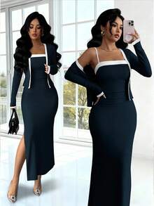 SHEIN Elenzya 两件套女士优雅撞色长袖开衫吊带裙套装，适合派对、家庭聚会、圣诞节、万圣节、情人节、新年、通勤和日常休闲穿着，秋冬季 - 藏蓝色 - 查看 6