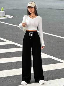 SHEIN EZwear 女士针织高腰黑色运动裤，带字母贴片设计 - 黑色 - 查看 4