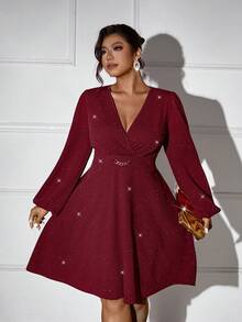 Femmeverse Plus Size Women V-Neck Lantern Sleeve Metal Chain Decor Solid Color Fashion Dress - Burgundy - View 7