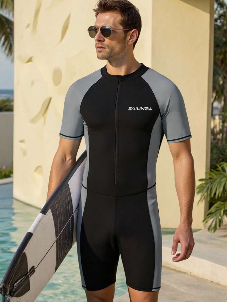 Palasendo Men's Vacation Letter Print Raglan Short Sleeve Zip-Up Half Placket Romper Shorts Men Swim Outfit Wet Suit Men Rashguard Men Men's Pool Outfit - Black - View 1