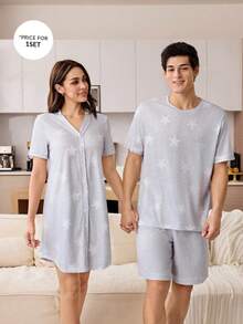 CoupledUp Men's Casual Star Print Crew Neck Short Sleeve Top And Shorts PJS Men Night Wear Couple Pjs Men Sleepwear Couple Matching PJS Summer Sleep Wear Sets - Light Grey - View 4