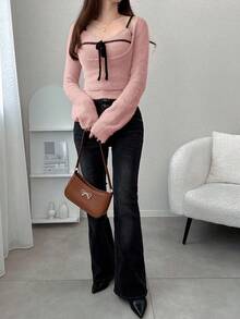 FRIFUL Women's Apricot Solid Color Inner Pocket Sleeveless Jacket, Long Sleeve Contrast Color Black Drawstring Bow Knit Sweater 2-Piece Set, Autumn Spring - Pink - View 2