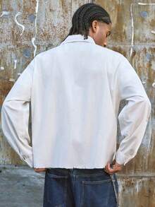 AXEPEAK Men's Solid Color Drop Shoulder Long Sleeve Button Front Casual Shirt, Summer - White - View 2