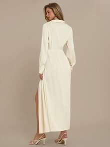 COSMINA 女士优雅长袖深V领高开衩连衣裙，四季皆宜 - 奶油色 - 查看 2
