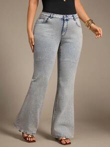 Auralis Jeans ajustados y acampanados de cintura baja y talla grande, color azul - Azul lavado medio - Ver 4