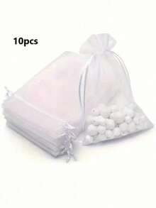 10/20/30/50个装纯色欧根纱抽绳糖果礼品袋、化妆品包装袋、珠宝收纳袋，防晒旅行保暖 - 白色 - 查看 8