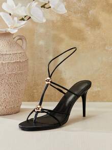 SHUZIA 迷人女士黑色踝带凉鞋，饰以金色点缀，圆头设计，春夏时尚度假鞋 - 黑色 - 查看 1