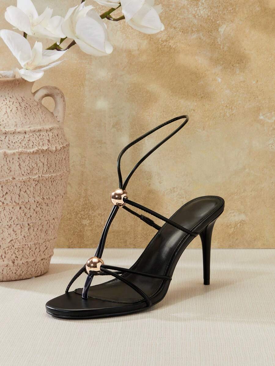 SHUZIA 迷人女士黑色踝带凉鞋，饰以金色点缀，圆头设计，春夏时尚度假鞋 - 黑色 - 查看 1