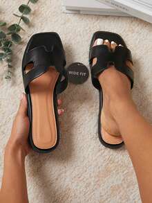 SHUZIA 女士宽版平底凉鞋，露趾，时尚，沙滩，防滑，一脚蹬，时尚低跟凉鞋，秋冬季圣诞假期度假氛围 - 黑色 - 查看 3