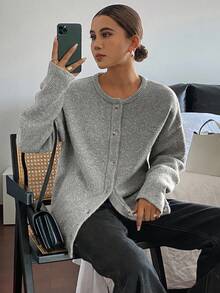 Livesso Damen Lässige Loose Uni Strickjacke, elegant für Büro, Geschäft, Pendeln, Hausmode, Herbst/Winter - Grau - Übersicht 5