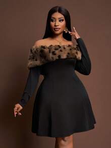 Veslaya 2025 New Autumn/Winter Faux Fur Patchwork Off Shoulder Long Sleeve A-Line Dress, Suitable For Party, Outing, Daily Wear, Gathering, Nightclub Plus Size Black Dress Curvy Black Dress Black Off Shoulder Dress Plus Size Leopard Trim Dress Black Skater Dress - Black - View 6