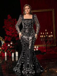 Glamrae Plus Size Elegant Classy Luxury Black Beaded Embroidered Square Neck Long Sleeve Fitted Mermaid Hem Dress Winter Formal Dinner Evening Party Halloween - Black - View 4