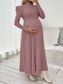 SHEIN Váy bầu tay phồng cổ lọ màu trơn thường ngày - Bụi hồng - Xem 7
