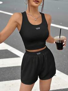 SHEIN EZwear 黑色針織無袖女背心套裝 - 黑色 - 查看 3