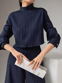 Heiryn Women's Elegant Striped Long Sleeve Top & Pants 2 Pieces Set Tall Two Piece Set Wide Leg Pants Set Modest Two Piece Set Two Piece Set Women Elegant - Blue - View 5