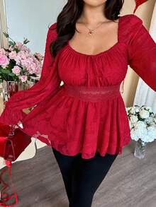 Vionelle Áo cánh dự tiệc tay dài cổ vuông Jacquard cỡ lớn màu sắc trang nhã và dễ thương dành cho nữ - Đỏ - Xem 8