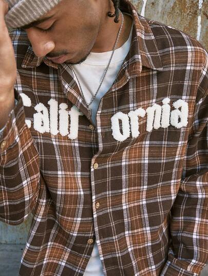 AXEPEAK Men's Drop Shoulder Long Sleeve Front Button Plaid Casual Shirt