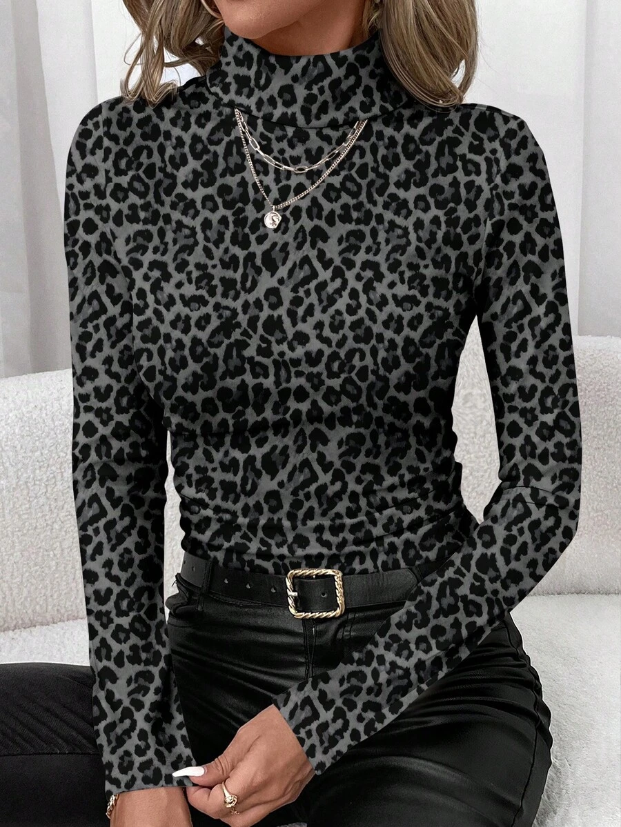 SHEIN Clasi Camiseta de base de cuello alto con estampado de leopardo para mujer, de uso casual - Multicolor - Ver 1
